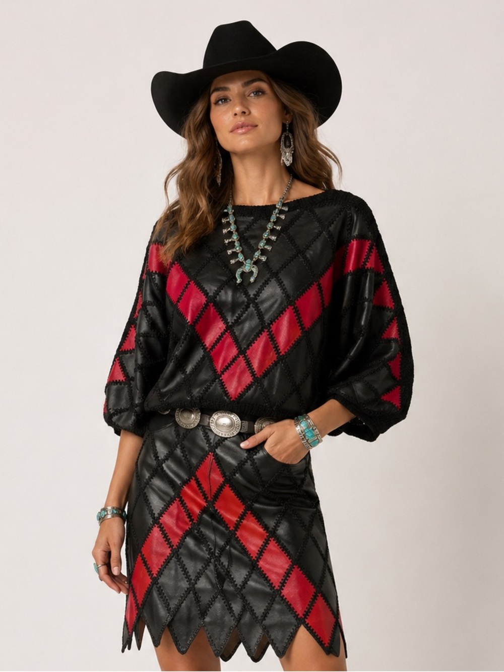 Vintage Western Boho Diamond Patchwork Crochet Top Genuine Leather Cowgirl